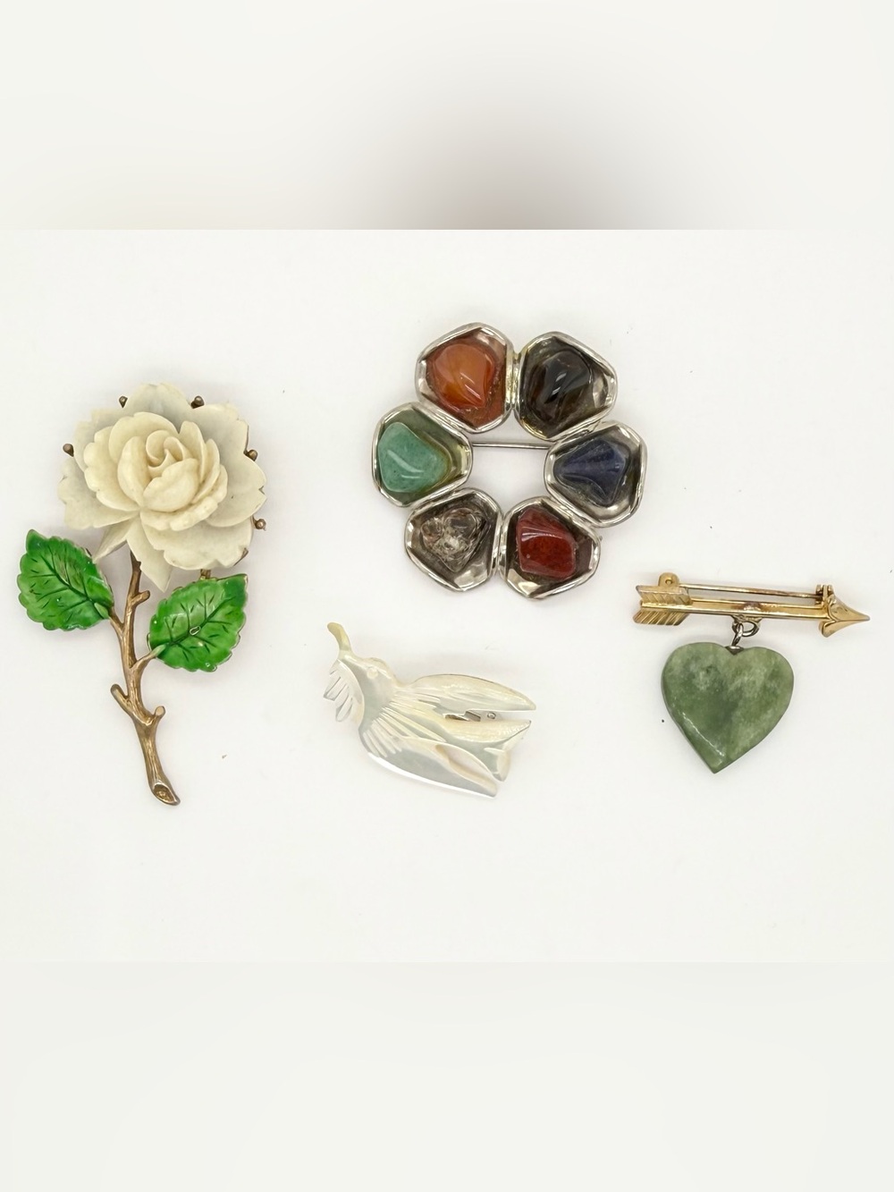 Vintage Mix lot Multi-Stone Silver Flower Dove Heart Brooch Jade MOP Agate